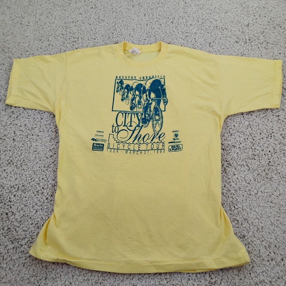 VINTAGE Biking Shirt Mens XL Yellow Houston Texas Cycling Single Stitch USA 90s